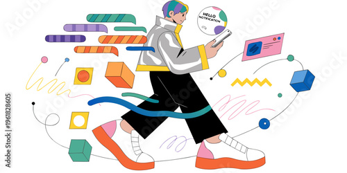 A vibrant illustration of a person walking with colorful shapes and lines surrounding them, representing creativity and innovation.