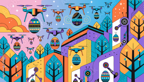 A vibrant illustration of drones flying over a colorful cityscape with trees and buildings