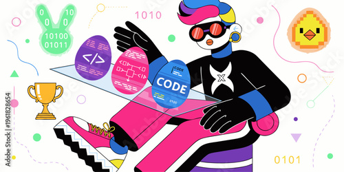 A vibrant illustration of a futuristic coder surrounded by colorful coding symbols and graphics
