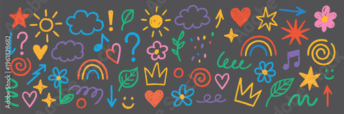 Hand heart flower for child chalk crayon and vector icon kid. Children school cloud for summer cute hand and color line cartoon. Hand paint illustration for child rainbow heart and chalk drawn nature