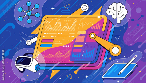 A vibrant vector graphic illustration of a futuristic tablet with virtual reality and data analysis elements