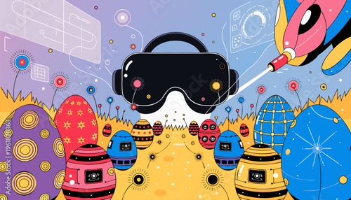 A colorful vector illustration of a virtual reality headset surrounded by robots and space elements in a vibrant, playful design