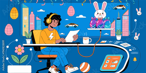 A vibrant illustration of a person working at a desk with Easter-themed decorations and a rabbit in a yoga pose.