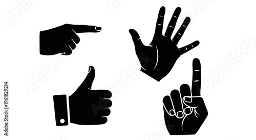 Set of black hand gestures icons: pointing, thumbs up, open palm, index finger up