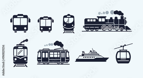 Set of diverse transportation icons: bus, train, tram, ship, cable car, and steam locomotive