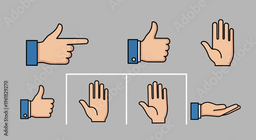 Set of hand gestures icons: pointing, thumbs up, open palm, stop
