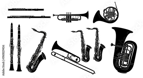 Silhouette Collection of Musical Instruments: Brass and Woodwinds
