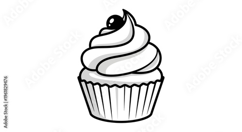 Simple black and white illustration of a cupcake with frosting and a cherry on top.
