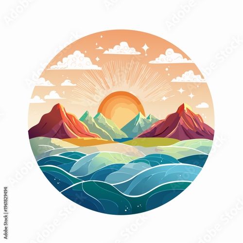 Vibrant Illustrated Landscape with Majestic Mountains, Serene Ocean, and Radiant Sun at Dawn
