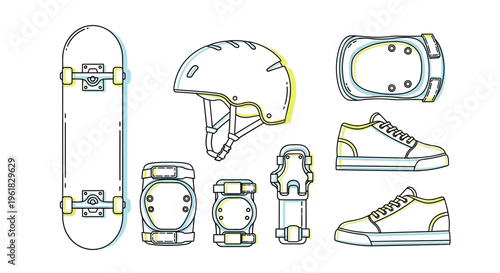 Skateboard, Helmet, Pads, and Shoes: Essential Skateboarding Gear Set