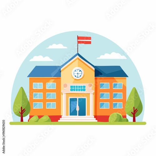 Vibrant cartoon illustration of a classic school building, symbolizing education, learning, and academic institutions, set against a bright sky