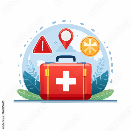 Essential Emergency Preparedness Kit with First Aid and Safety Symbols for Adventure and Everyday Readiness Vector Illustration