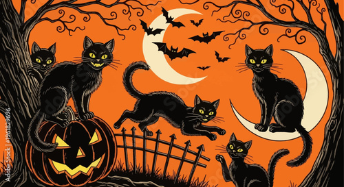 Spooky Black Cats and Jack-o'-lantern on Halloween Night with Bats and Moon