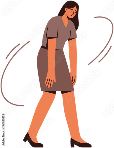 Woman walks alone in city street with motion lines around her body.