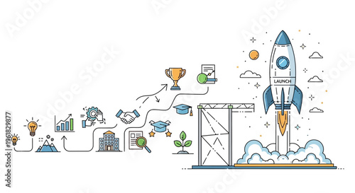 Startup Launch Rocket Ship Ascending with Business Growth Icons and Graduation Cap