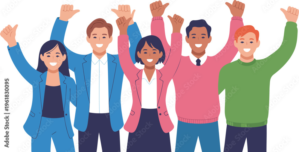 Obraz premium Group of diverse happy office employees and business people celebrating success with raised fists and cheering for teamwork and corporate achievement isolated on white