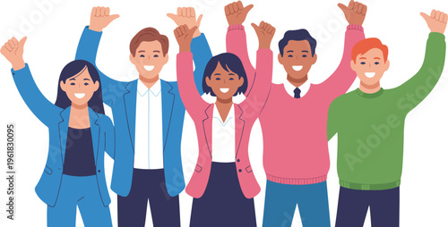 Group of diverse happy office employees and business people celebrating success with raised fists and cheering for teamwork and corporate achievement isolated on white