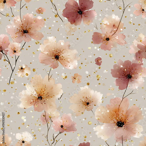 Soft pastel floral pattern with delicate pink and beige flowers scattered on light gray background, accented by shimmering gold speckles for elegant, feminine touch