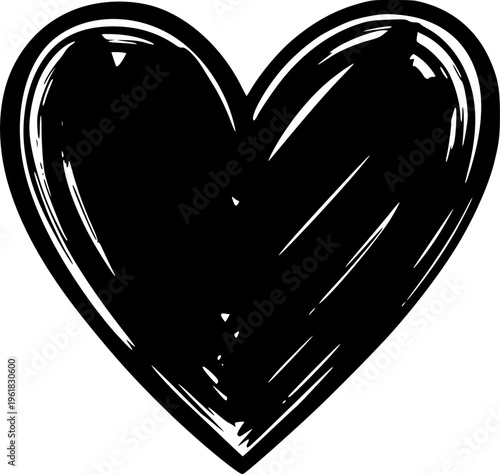 Solid black hand-drawn brush heart silhouette, minimalist calligraphy love and romance vector illustration isolated on white.