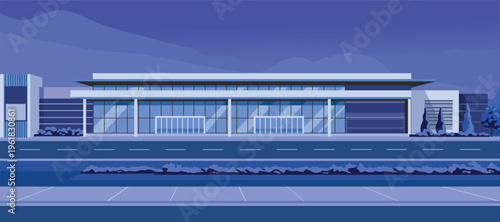 Modern Building Exterior Flat Illustration. Mall lobby. Close mall. Mall entrance at night. Office building. Night street
