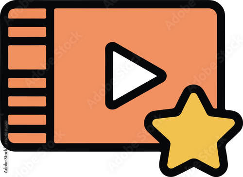 Cinema film strip video player icon with play button and star symbol representing favorite movie or top rated multimedia content isolated on white background