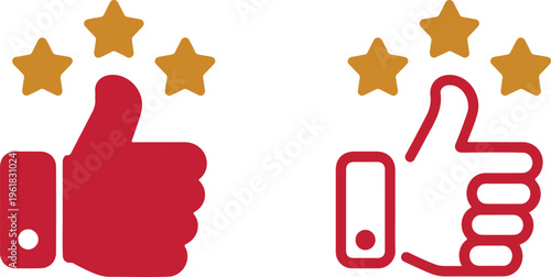 Thunbs up vector icon set with gold stars for customer review feedback rating and best quality satisfaction concept isolated on white background