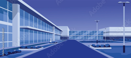 Flat Illustration of a Modern Commercial Building at Night. Mall building night. Office building night. Business metropolis building. 