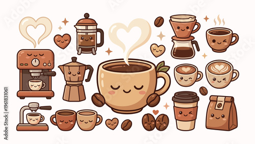 Cute Kawaii Coffee Maker and Beverage Characters