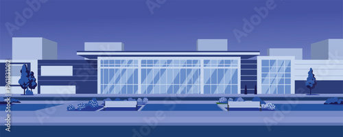 Modern Glass Building Facade Illustration at Evening. Office building at night. Park office at night.