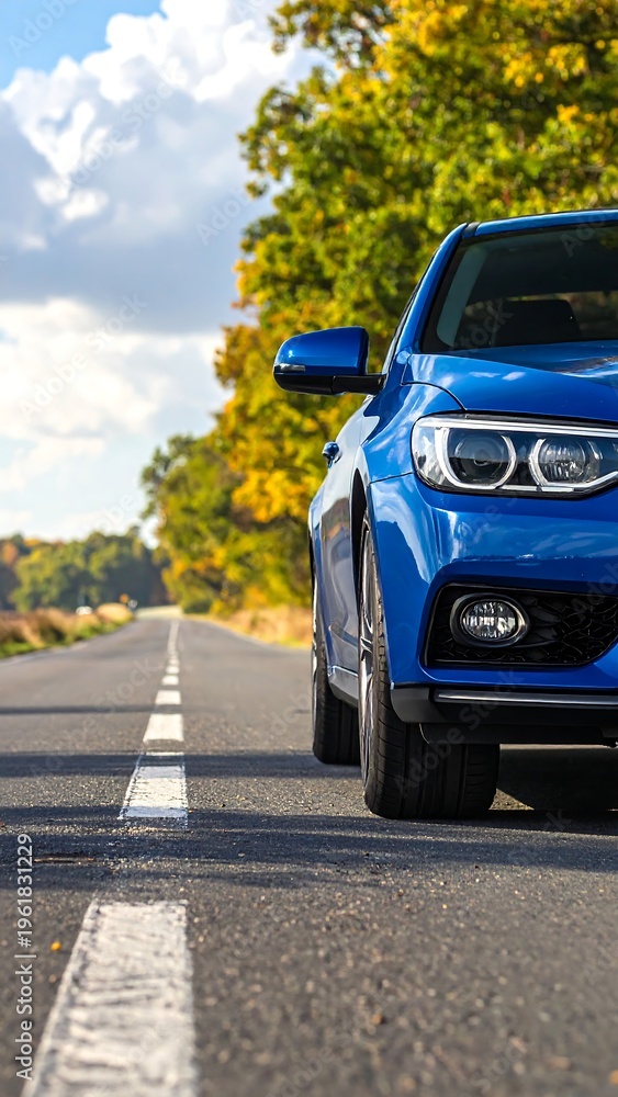 Fototapeta premium A blue car driving on an asphalt road lined with trees