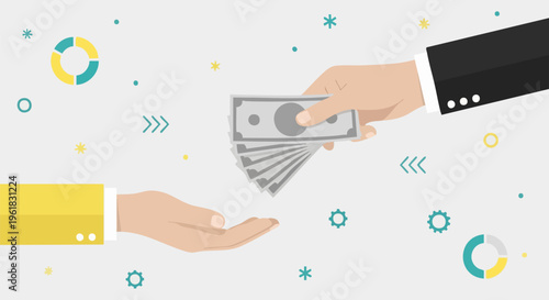 Business hand giving cash money to another person, financial transaction and payment concept, flat vector illustration of salary or bribe