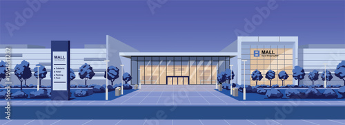 Modern Shopping Mall Exterior Illustration at Night. ening Shopping Mall Cityscape. Shopping Mall at Night with City Lights. 