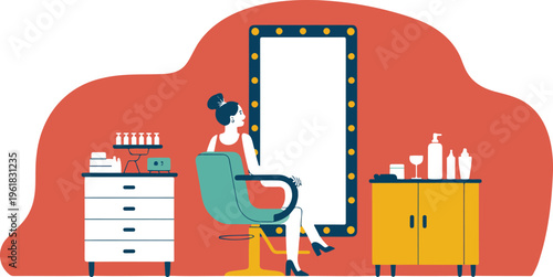 Professional beauty salon interior vector illustration with woman sitting in chair facing vanity mirror for hair styling or makeup services isolated on white background