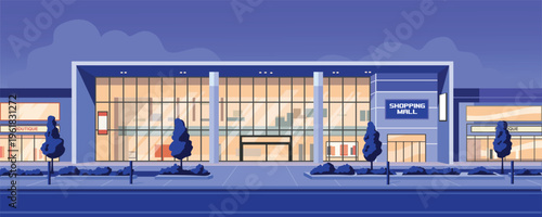 Modern Shopping Mall Exterior at Night Illustration. Evening at city mall. Shopping at night. Building light. Midnight city.