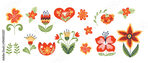 Colorful floral illustration featuring various flowers and leaves in red, orange, yellow, and green hues arranged in a decorative pattern on a white background