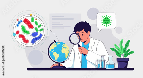 Scientific researcher studying global virus spread with magnifying glass, microbiology expert analyzing bacteria on world globe, laboratory vector illustration