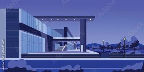 Modern Building Exterior at Night Illustration. Night lobby hotel. Night office lobby. Night building. 