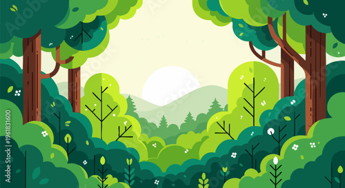 Flat design forest landscape vector, lush green woodland scenery with sun and hills, vibrant nature background for environmental conservation
