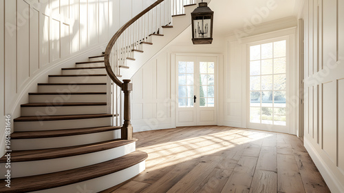 Modern house interior with wooden staircase and empty corridor