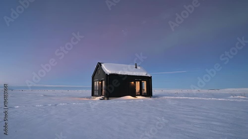 Modern Black Cabin in Snowy Arctic Landscape Under Northern Lights. Seamless loooing 4k video background