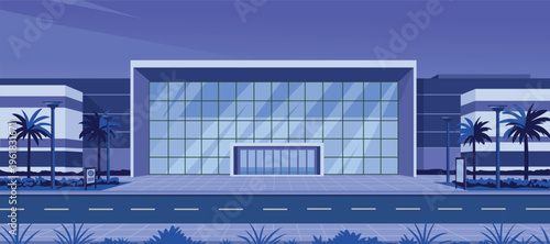 Modern Shopping Mall Exterior at Night. Night building. Evening building. Office night facade. Road midnight.