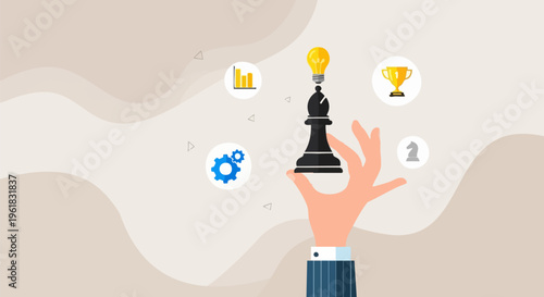 Strategic business planning vector illustration, hand holding chess bishop with lightbulb idea, corporate success and leadership concept
