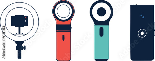 Vector set of professional vlogging equipment including ring light camera setup and handheld stabilizers for digital content creation isolated on white background