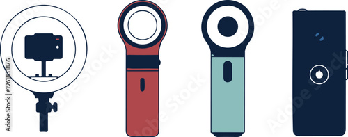 Vector set of professional vlogging equipment including ring light camera setup and handheld stabilizers for digital content creation isolated on white background