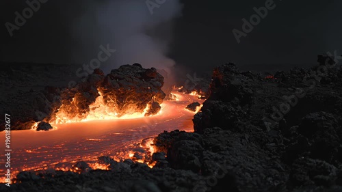 Molten Lava Flowing Through Volcanic Landscape at Night