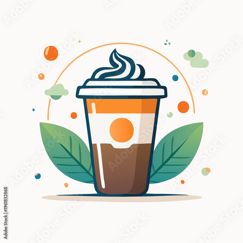 Illustration of a refreshing iced coffee drink with whipped cream and leaves