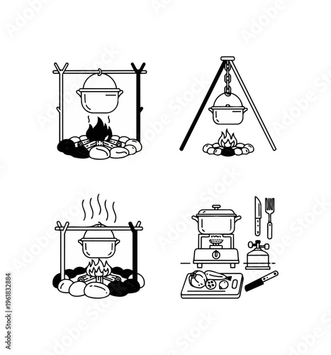Camping cooking elements set vector illustration