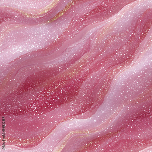 Pink shimmer glitter seamless surface design with flowing waves and sparkling gold accents, creating feminine and elegant abstract pattern full of delicate beauty and charm