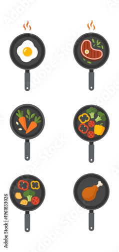 Cooking pans with assorted ingredients on black background vector illustration