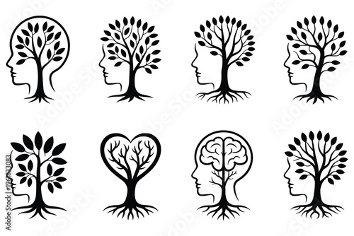 Black and white of human heads with trees and brain silhouettes